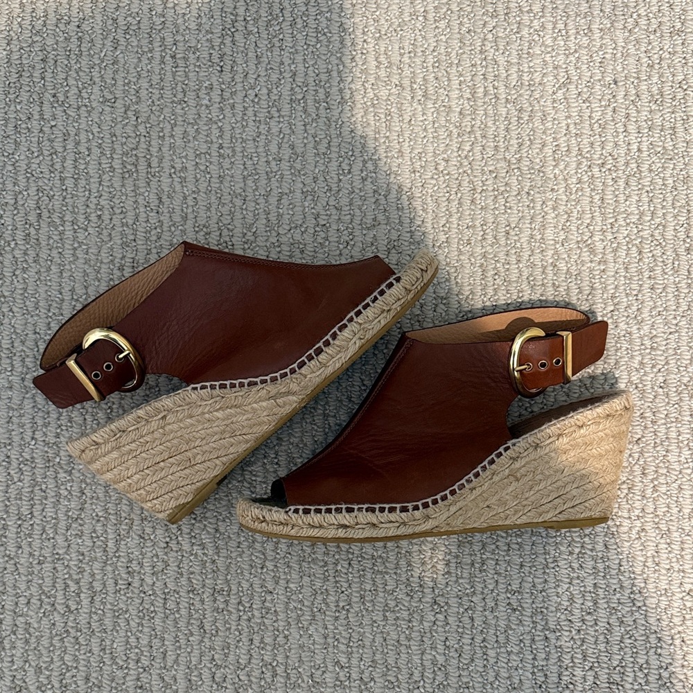 Bettye Muller Brown Leather Wedge Sandals